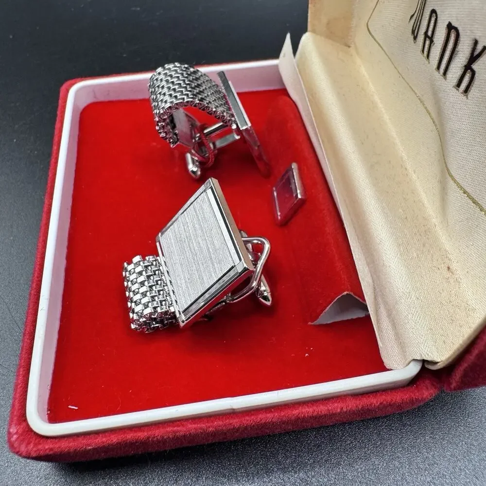 Vintage Swank Silver Tone Mesh CuffLinks and Tie Tack Set in Original Box